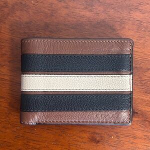 Coach Brown, Black, and Cream Leather Card Holder - Varsity Strip - Men’s Bifold